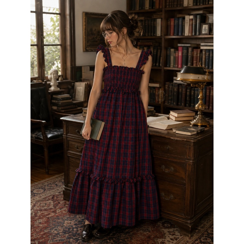 Nap Dress Tartan Plaid Ruffle Tiered Maxi Academia Smocked Nicole Miller Large